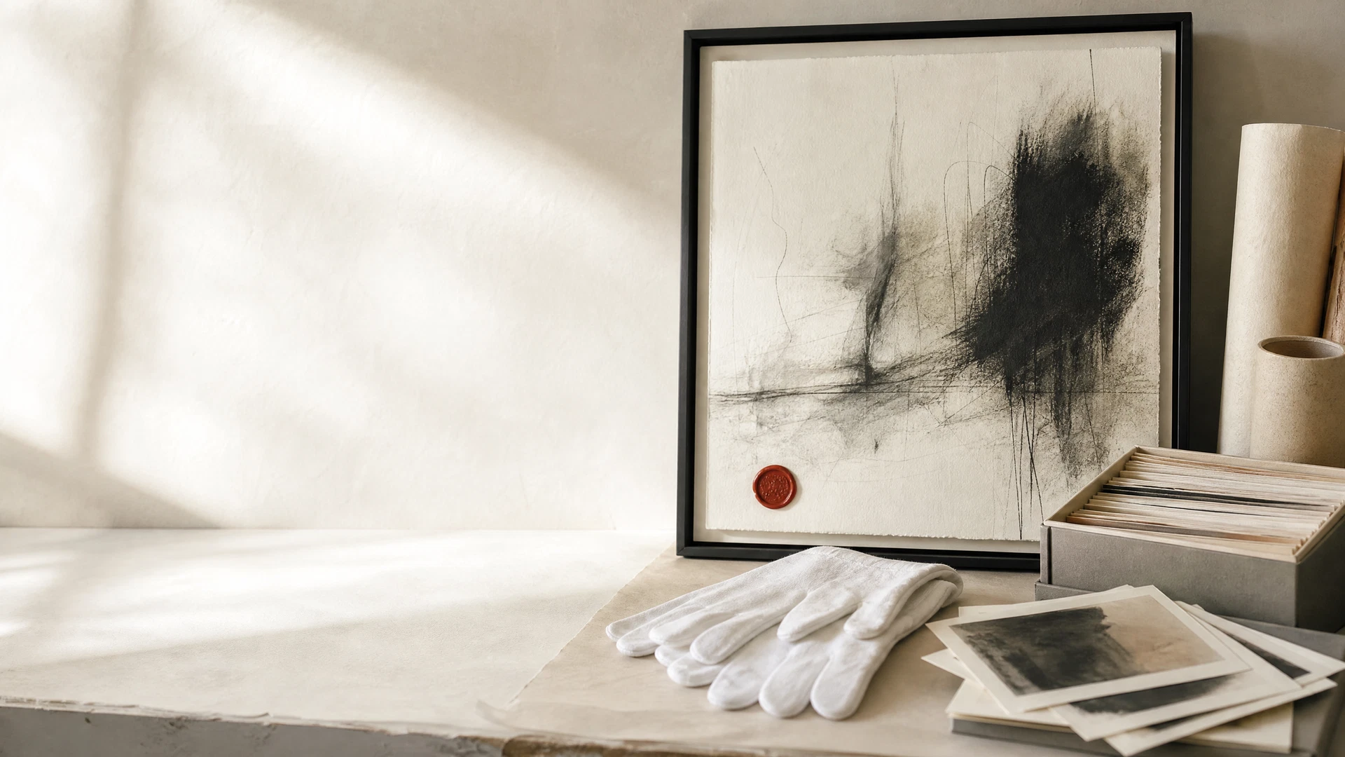 Artwork archive desk with paper, notes, and a copyright seal
